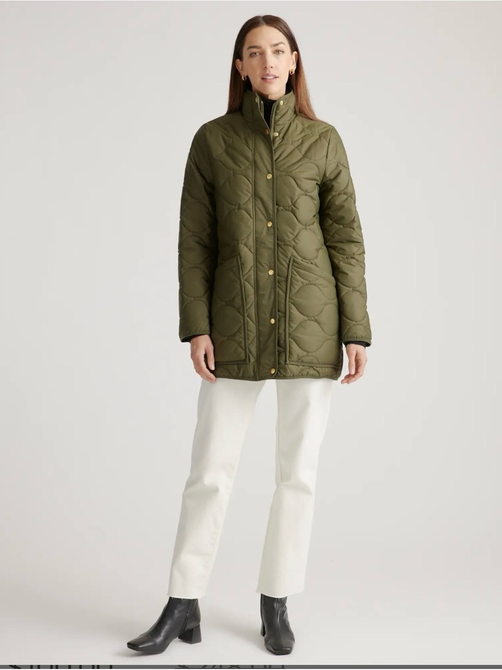 Quince Featherless Quilted Long Puffer Jacket in Olive Green